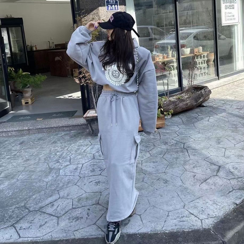 ANNAS 正韓刷毛工作裙套裝 連帽刷毛T 刷毛口袋長裙 休閒潮流字母印花 韓國 4