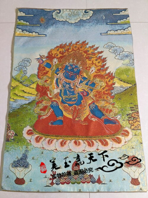 西藏藏傳佛像佛教唐卡刺繡畫尼泊爾唐卡畫絲綢刺繡 黑財神唐卡
