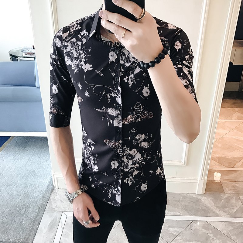 FINDSENSE H1 2018 夏季 新款 日本薄款 氣質 蜜蜂花色襯衫 五分寬鬆 男 短袖襯衫 休閒 潮流上衣