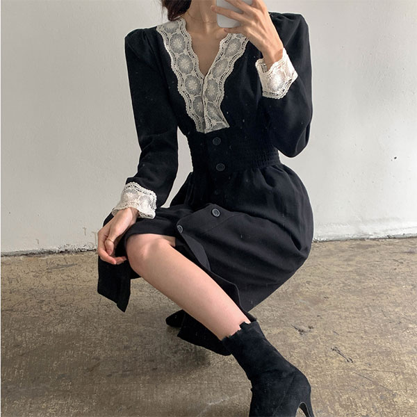 ANNA S. 正韓 V領 蕾絲 黑色 洋裝 長袖 縮腰 顯瘦 連身裙 復古 氣質 上班族 韓國690 4