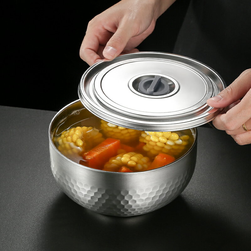 304不銹鋼碗家用食品級雙層隔熱防燙兒童飯碗泡面碗大號湯碗帶蓋