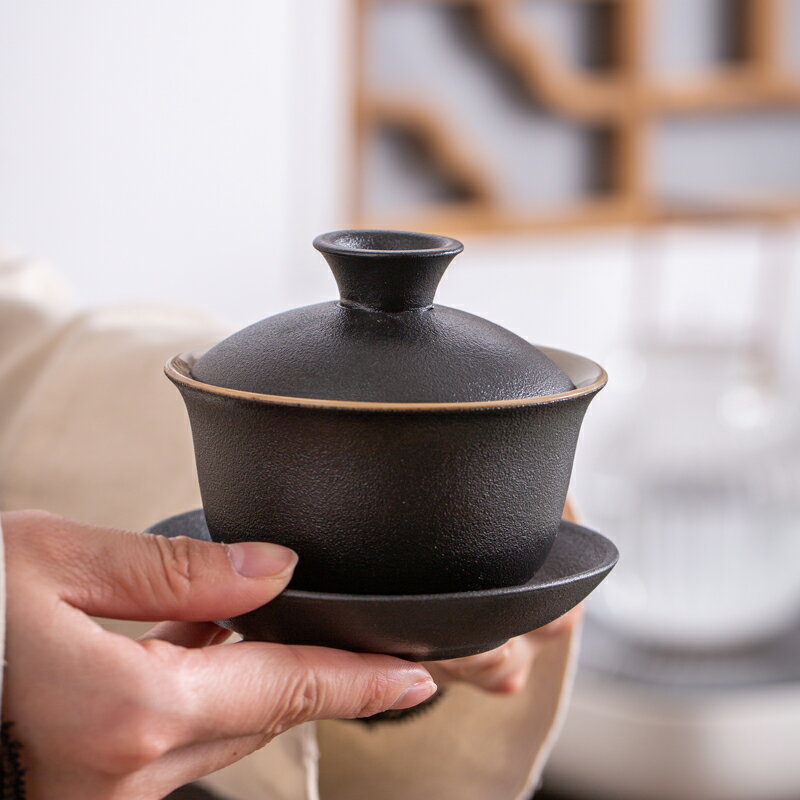 黑陶蓋碗大號沖茶器家用三才碗粗陶蓋碗泡茶杯陶瓷功夫茶茶具