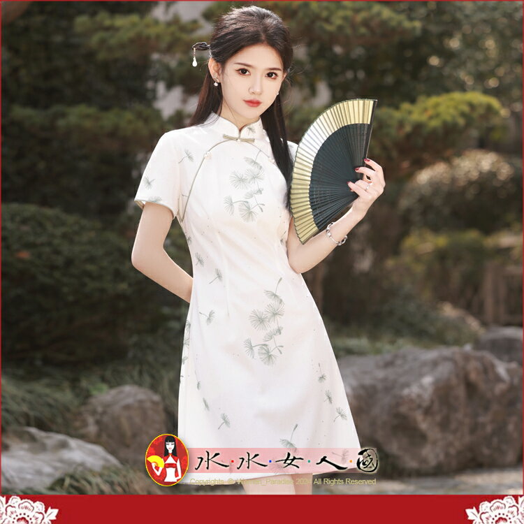 複合蕾絲繡花短款旗袍春夏改良小個子少女中國風短袖立領優雅氣質女連衣裙洋裝-花冉-水水女人國