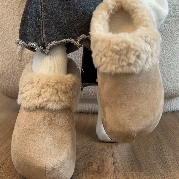 復古時尚百搭厚底毛毛拖鞋女2025年冬季外穿加絨保暖舒適勃肯棉鞋
