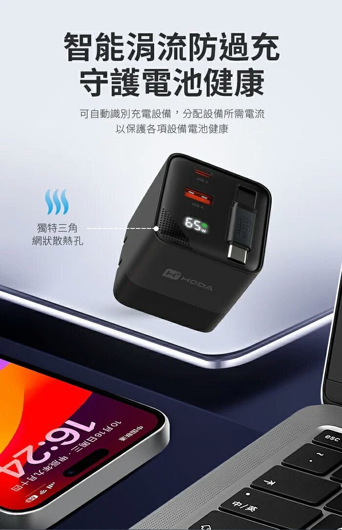 HODA GaN 氮化鎵 65w 三輸出 自帶 伸縮線 PD 充電頭 極速 iPhone 17 16 15 s25 9