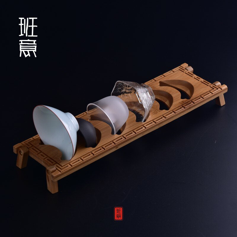便攜式竹涼杯架折疊茶杯託水杯架收納瀝水架功夫茶具茶道配件實木1入