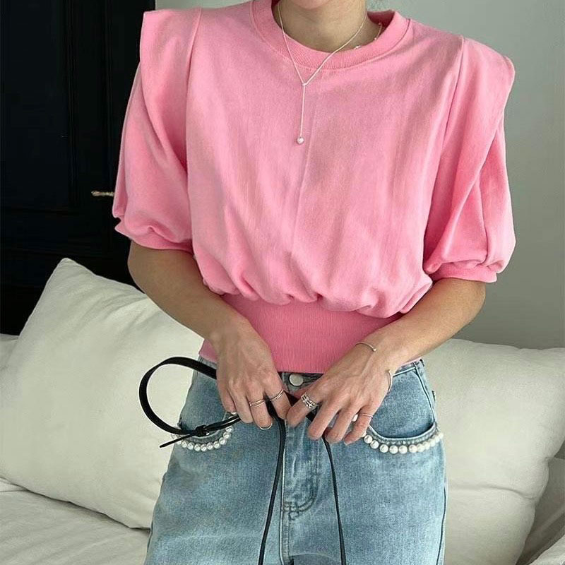 ANNAS 正韓墊肩造型短袖上衣 棉質短T 百搭素面顯瘦縮腰 韓國短袖T恤 1