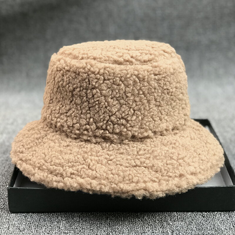秋冬羊羔毛漁夫帽子女護耳防寒保暖日系盆帽純色毛絨百搭帽子1入