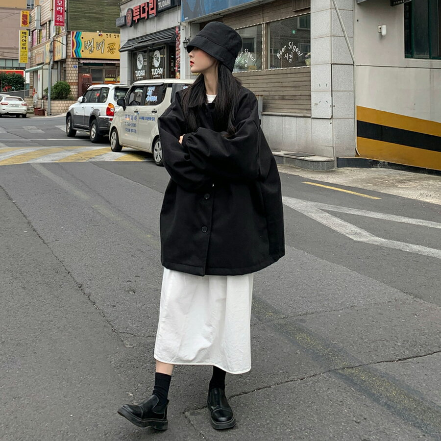 chic寬松長袖直筒呢子大衣中長款加厚毛呢外套女1入