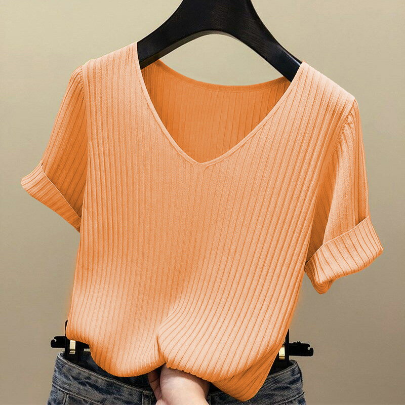 現貨+預購 針織衫短袖T恤-V領百搭直條紋輕薄女上衣6色74kx46【獨家進口】【米蘭精品】