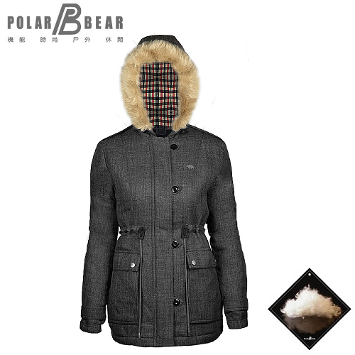 【POLAR BEAR】女仿毛料毛條連帽中版鴨絨衣