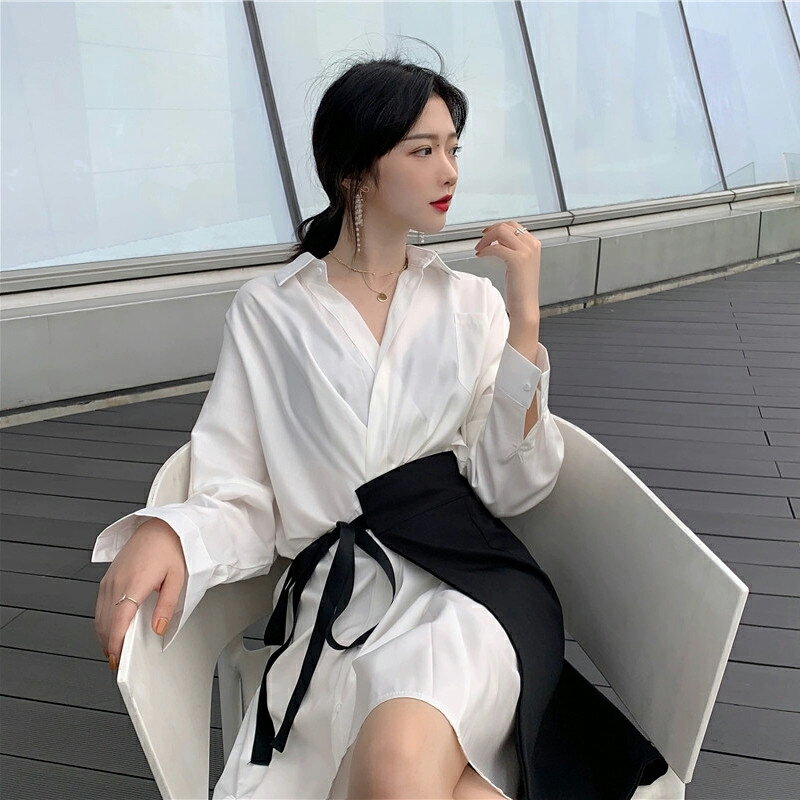 超仙女法式收腰顯瘦連衣裙兩件套套裝2021設計感氣質長袖襯衫裙子