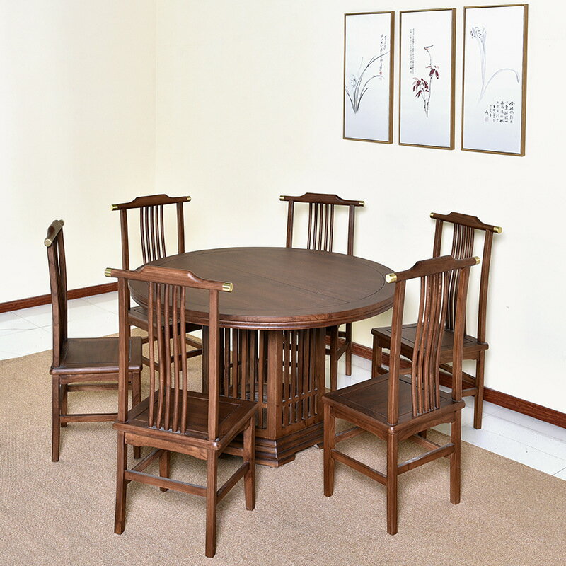 餐桌 新中式實木餐桌家用老榆木餐廳家具榆木飯桌圓形餐桌椅組合圓桌