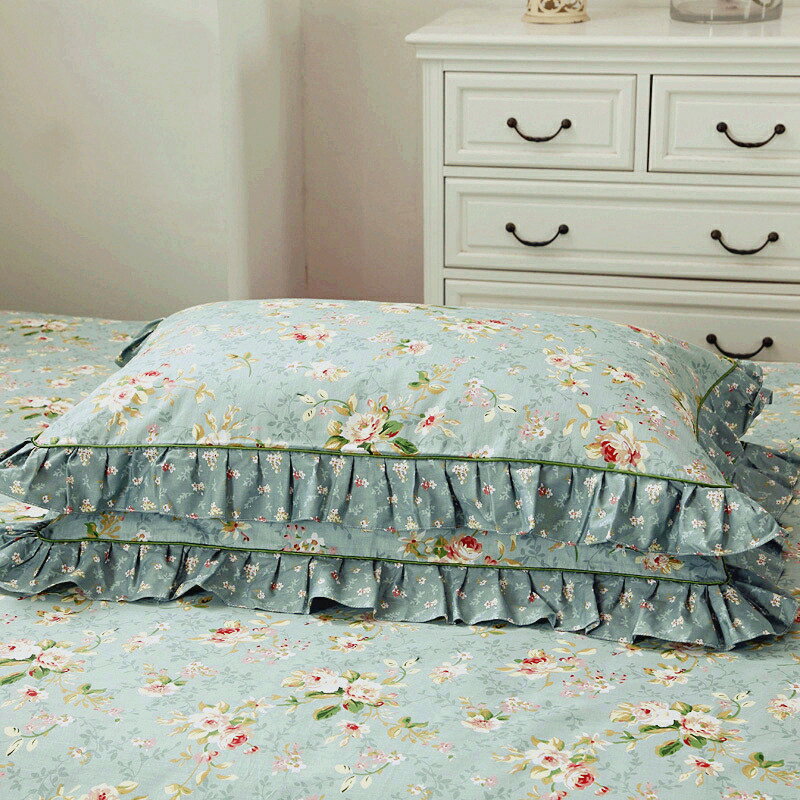 枕套一對裝48×74cm純棉家用全棉大號藍色荷葉邊帶花邊拉鏈枕頭套
