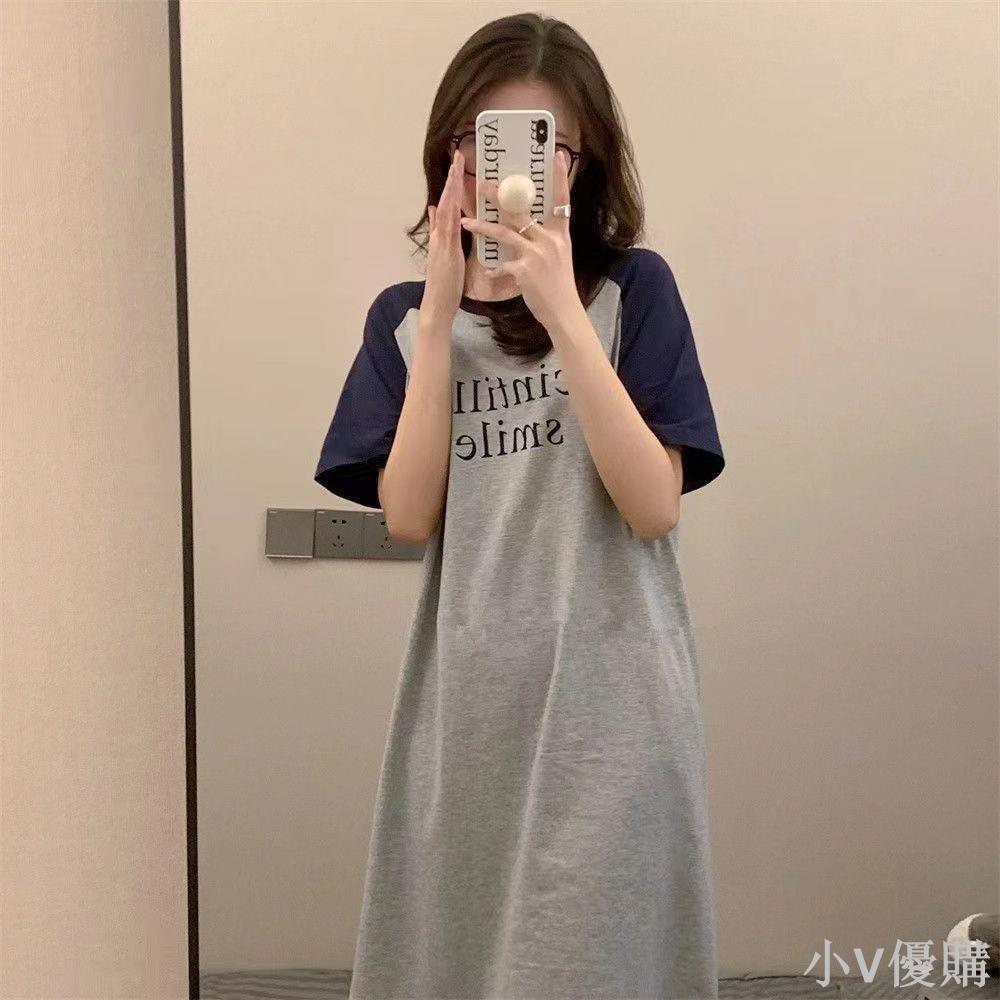 小V 韓國睡衣薄款睡裙女宿舍ins風睡裙長款短袖棉質夏季家居服連衣裙