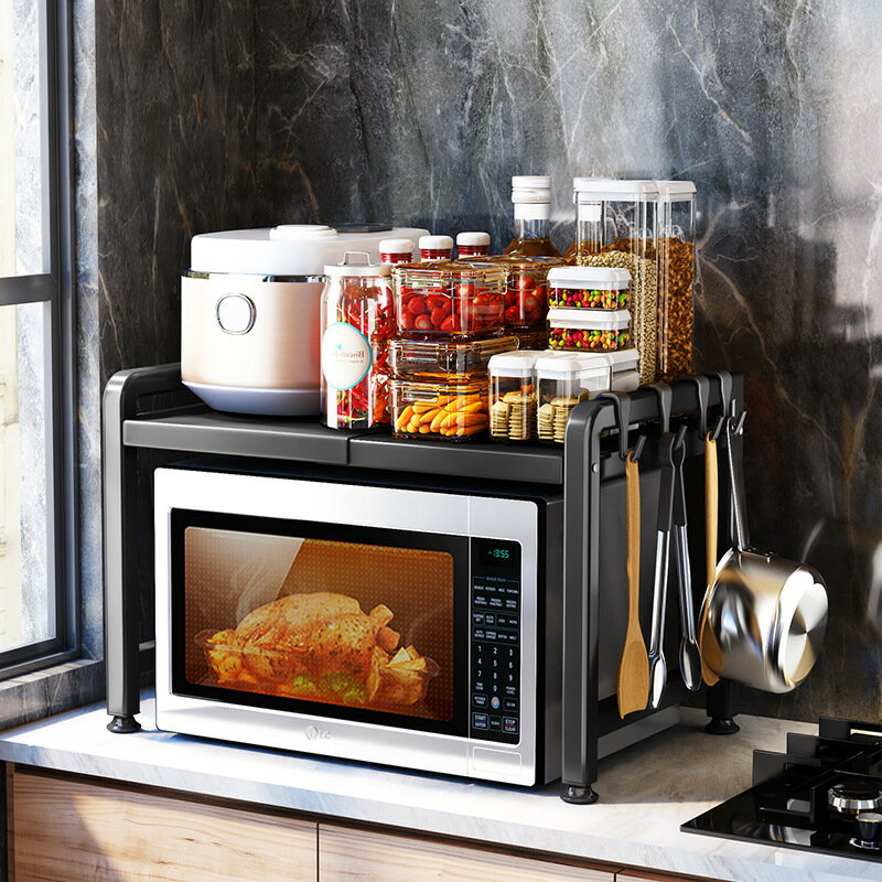 可伸縮廚房置物架微波爐烤箱架子家用雙層臺面電器多功能收納支架