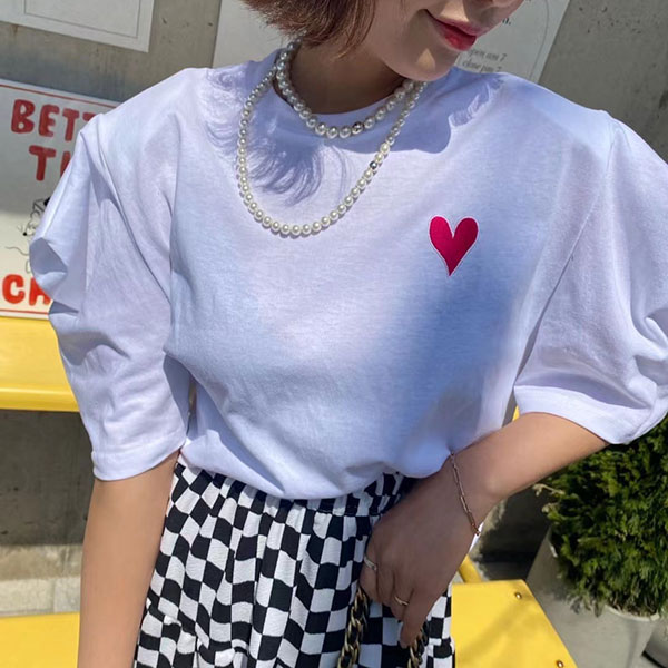 ANNAS 正韓 刺繡 愛心 墊肩 上衣 短袖 T 公主袖 肩膀造型 棉質 韓國設計師款 1