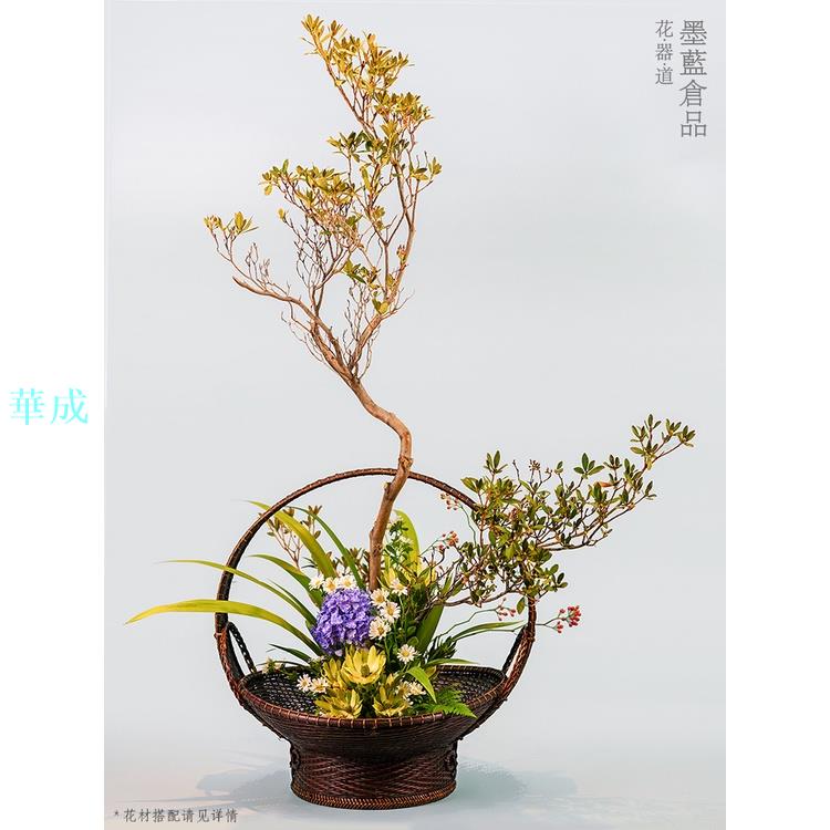 墨蘭中華花藝復古竹編花籃竹籃籃子花器禪意仿古中式插花