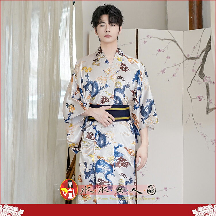 日本傳統男士和服正裝日系武士服和風浴衣長袍家居服日常活動演出服飾｜白底龍騰｜水水女人國