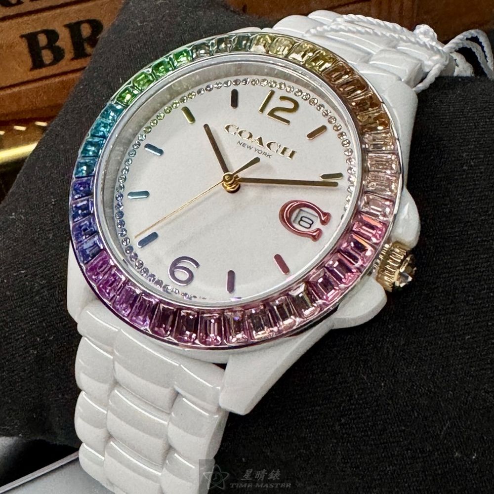 點數9%★COACH手錶,編號CH00167,38mm白圓形陶瓷錶殼,白色中三針顯示, 鑽圈錶面,白陶瓷錶帶款,限量彩虹鑽圈【APP下單享9%點數上限5000點】