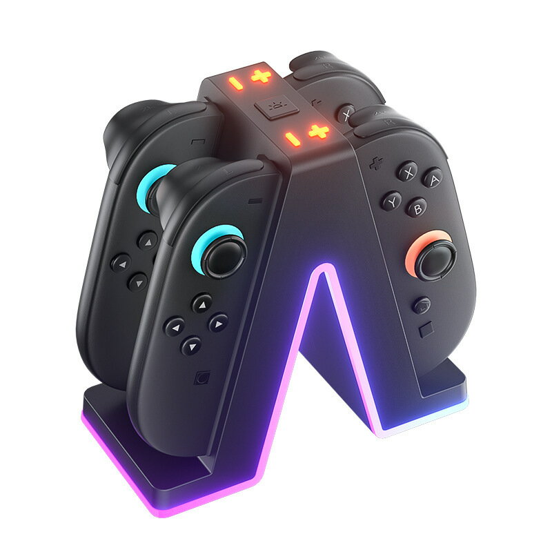Switch2代左右手柄四合一座充NS2小手柄三角座充充電器帶RGB燈