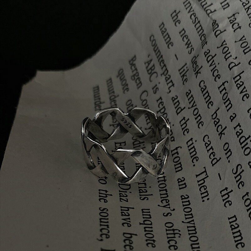 925純銀交叉戒指女ins潮個性復古寬麻花食指戒冷淡風時尚開口指環 2