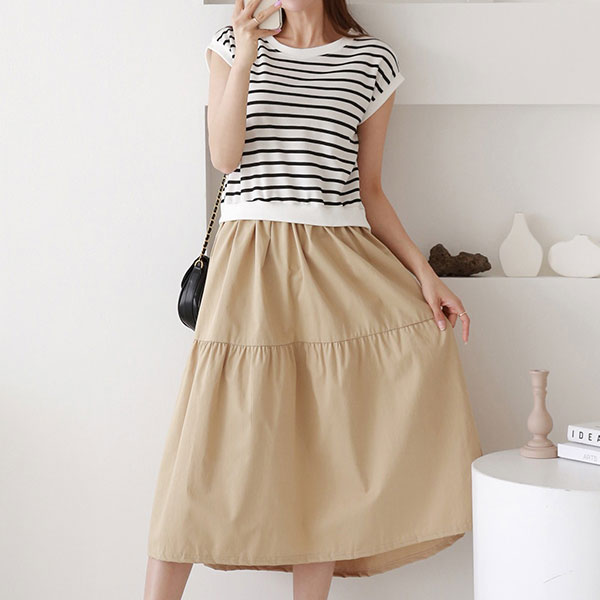 ANNAS 正韓 切袖 條紋 洋裝 無印良品風格 無袖 背心裙 拼接 卡其裙 日系 長洋裝 長裙 韓國 4