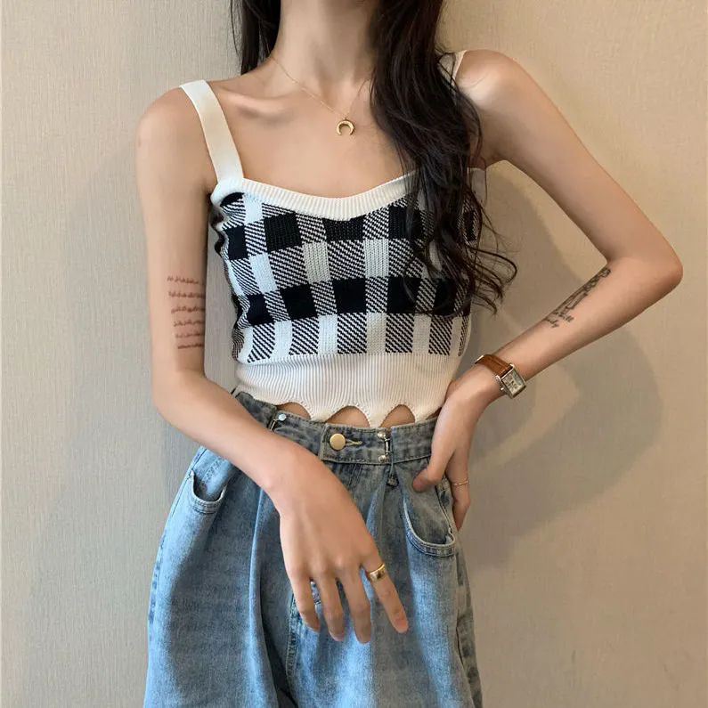 女士背心 小可愛 夏季格子背心 外穿短款無袖上衣 吊帶背心 女修身顯瘦內搭針織吊帶 女生背心【不二雜貨】