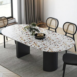 極簡水磨石餐桌橢圓形輕奢巖闆網紅飯桌北歐設計師咖啡桌圓桌