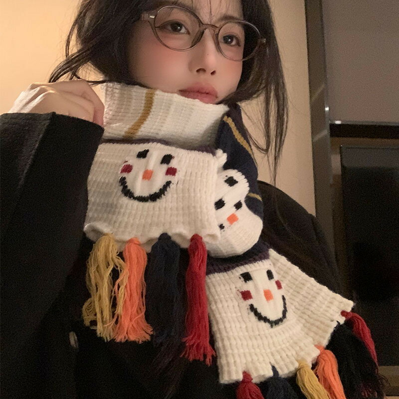 彩色笑臉流蘇針織圍巾女2024新款冬季小巧細窄長條氛圍感護頸圍脖