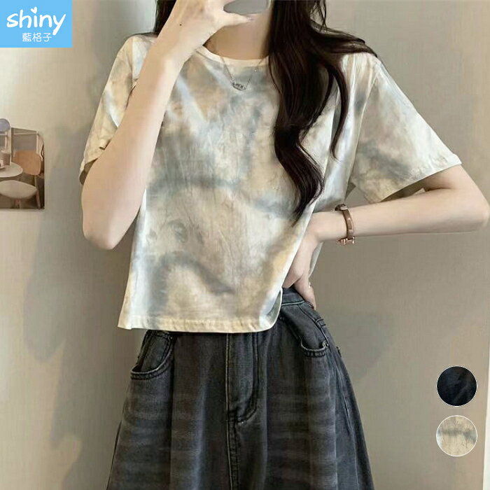 個性穿搭．時尚暈染短版露肚上衣-shiny藍格子【V5133】