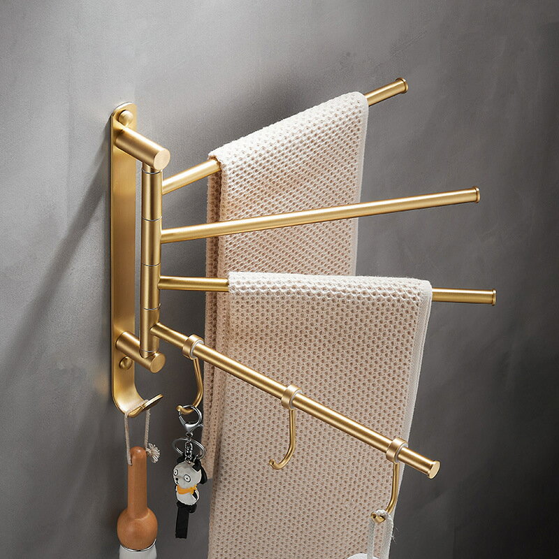 全銅活動毛巾桿浴室旋轉毛巾架衛生間拉絲金折疊置物架掛鉤免打孔
