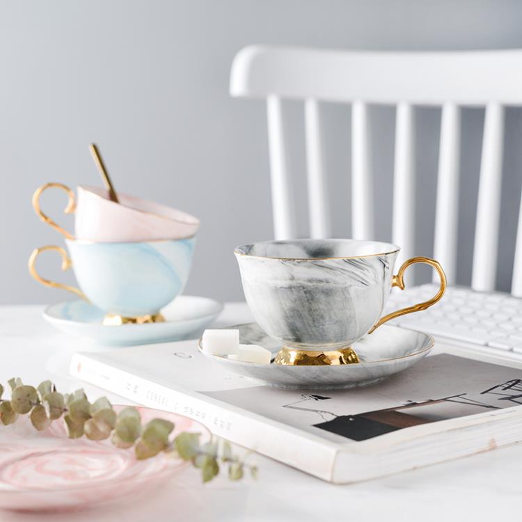 馬克杯 北歐輕奢風大理石紋陶瓷描金咖啡杯杯碟套裝下午茶英式紅茶杯子