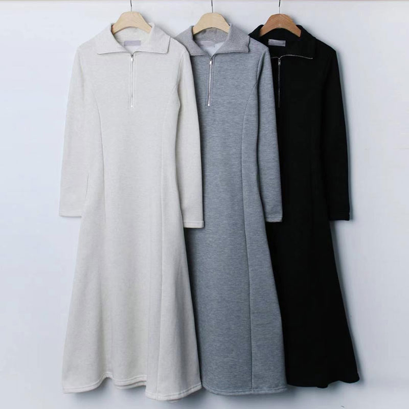 ANNAS 正韓刷毛拉鍊腰身洋裝 長袖加絨連身裙 保暖顯瘦顯腰身 韓國刷毛長洋裝 V領高領長裙 3