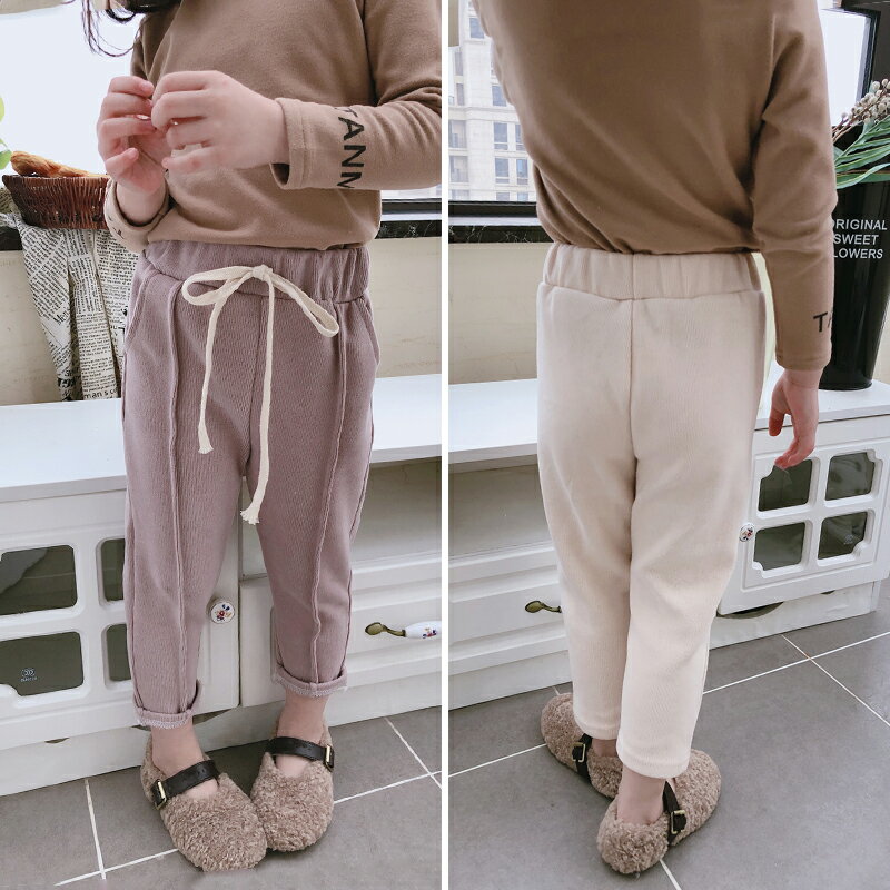 女童秋冬季新款氣質百搭純色休閑褲 中小童加厚保暖潮流褲子1入