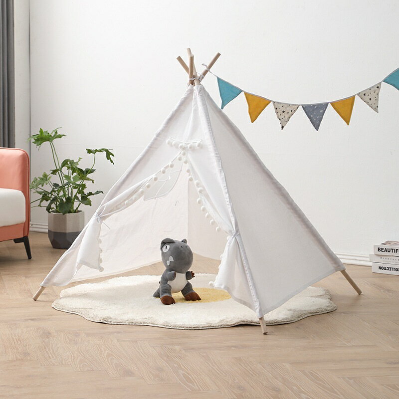 新款 印第安兒童帳篷 室內 遊戲屋 可折疊 男孩 女孩 玩具 白色毛球 小帳篷 戶外 休閒 兒童休息