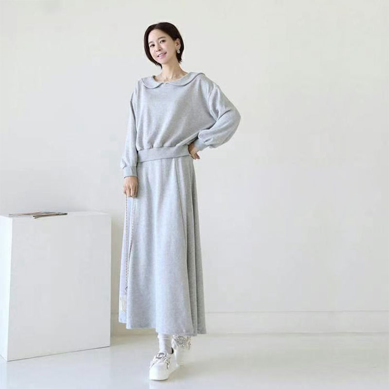 ANNAS 正韓海軍領套裝 棉質長袖長裙 大翻領 海軍領 學院風 顯瘦素面裙子 4