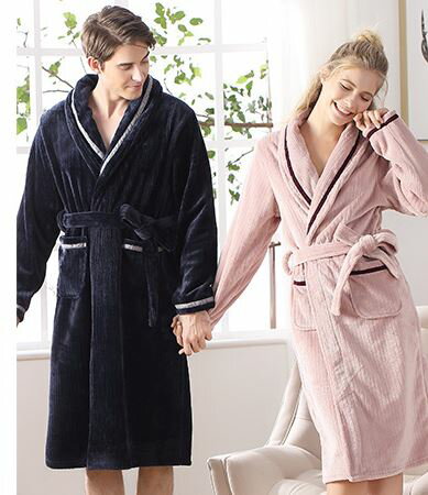 美琪 (親膚柔軟)커플情侶坑條法蘭絨浴袍겨울冬季保暖加厚珊瑚絨水貂絨睡袍