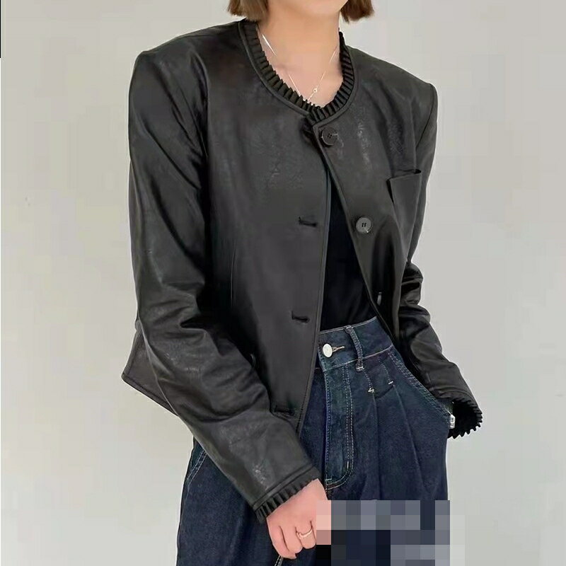 真皮皮衣西裝外套-造型荷葉領羊皮短版西裝女外套v1ao24【巴黎精品】