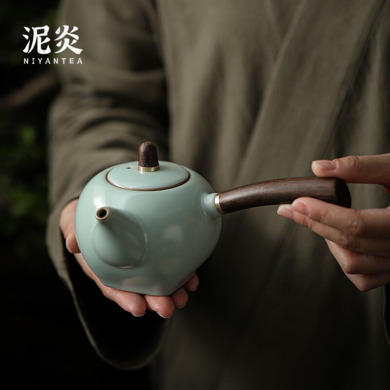 汝窯側把茶壺家用陶瓷大號單壺開片可養功夫茶具泡茶壺復古過濾壺