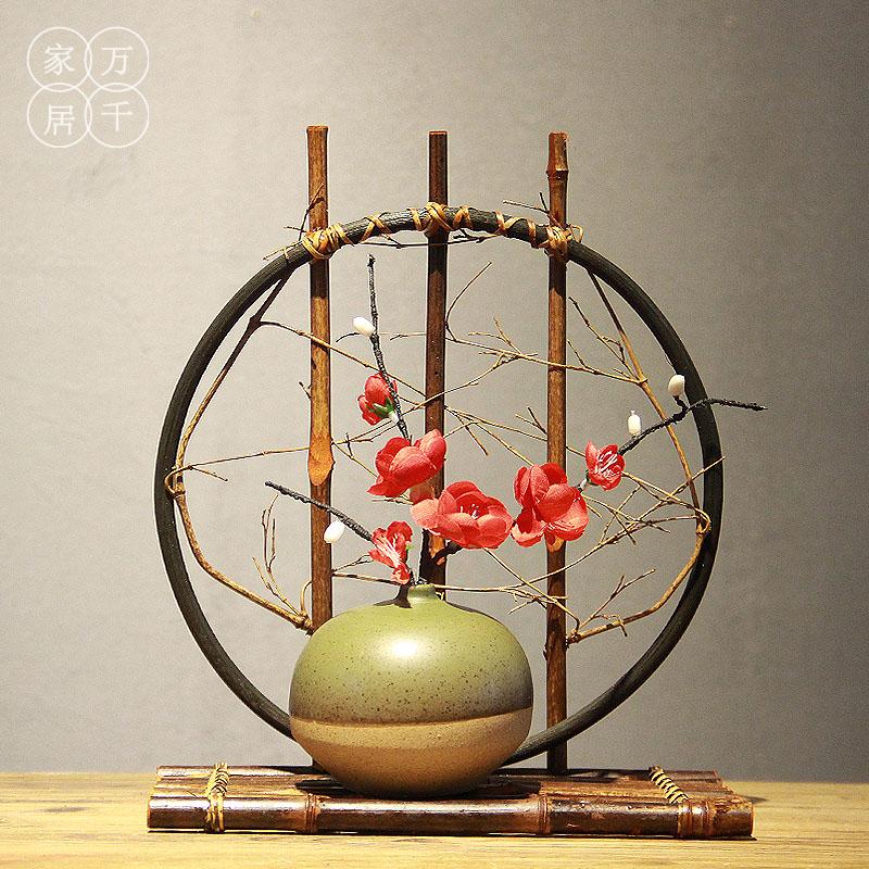 陶瓷花瓶新中式擺件現代創意家居客廳博古架手工竹編插花禪意乾花1入