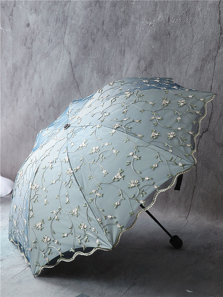 防曬傘女 復古網紗刺繡花朵雙層黑膠太陽傘三折防紫外線傘