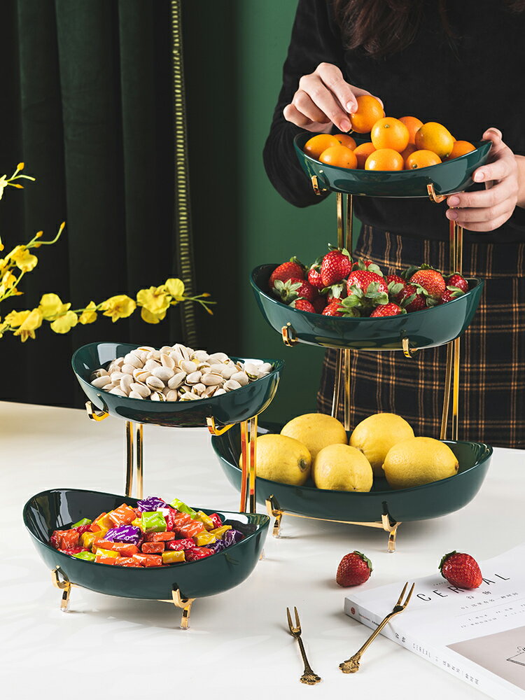 輕奢水果盤北歐網紅雙層陶瓷果盤客廳家用創意鐵藝糖果干果零食盤