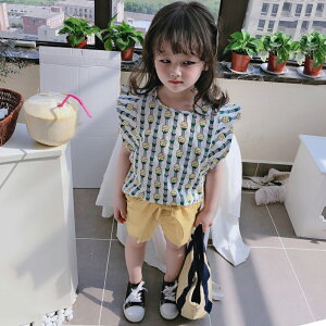 夏季女童寶寶套裝 中小童可愛小飛袖上衣+純色短褲兒童兩件套1入
