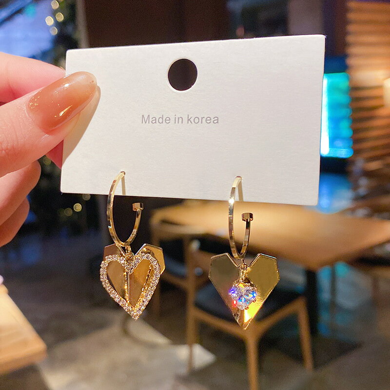 韓國東大門新品愛心不對稱雙層耳環鑲鉆超閃精致耳墜S925銀針耳飾