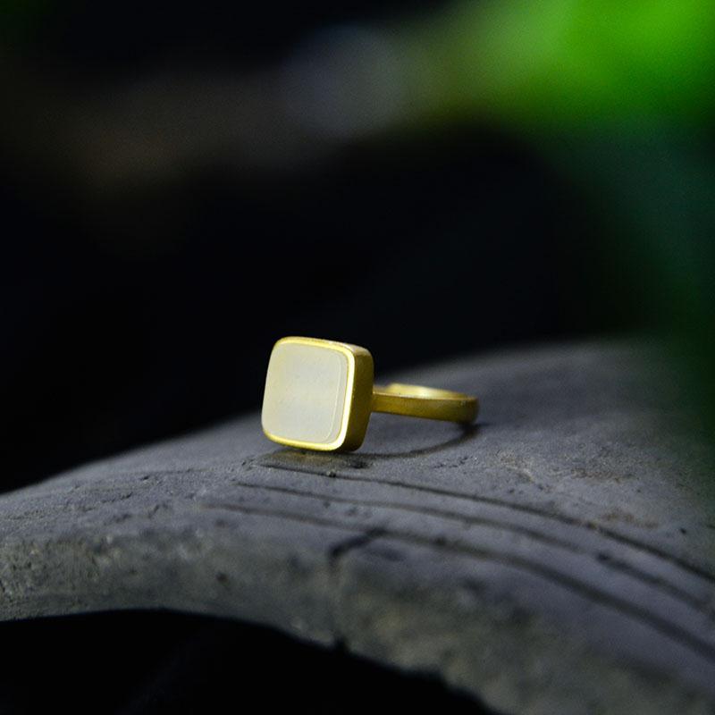 【墜享】天然和田玉白玉方形戒指S925純銀指環簡約經典復古銀飾品