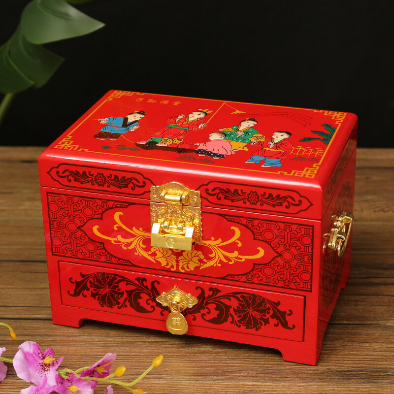 漢風中式首飾盒公主梳妝盒嫁妝盒中國風紅色木質陪嫁箱影樓拍攝