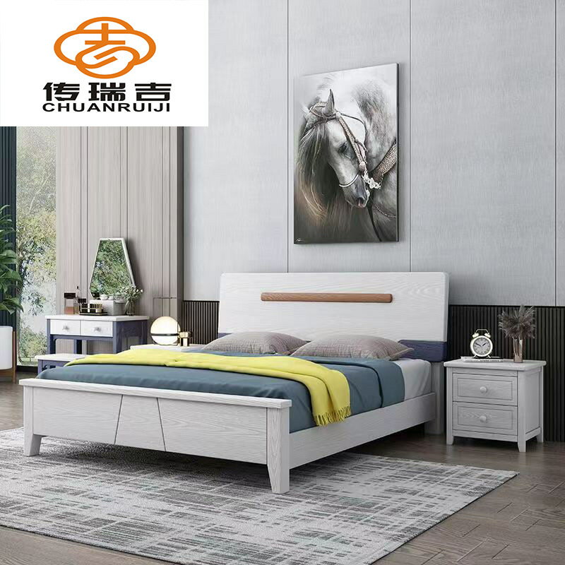 優樂悅~實木床1.8米雙人床經濟型現代簡約白色壓紋高箱儲物婚床廠家直銷