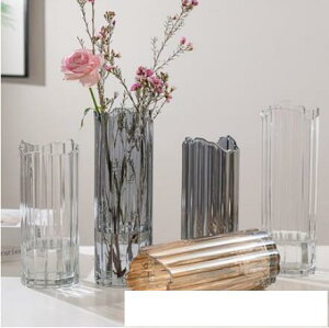簡約豎棱玻璃花瓶創意彩色透明百合花器客廳大號水養插花花瓶擺件 名購居家