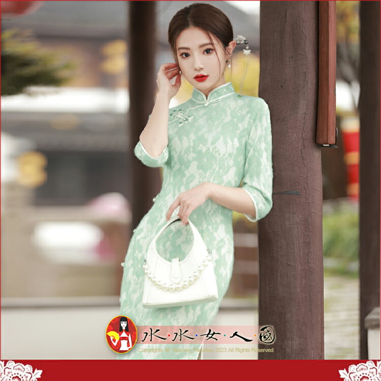 羽毛紗蕾絲七分袖長旗袍 復古中國風經典改良式時尚修身顯瘦日常連身裙洋裝～美麗優雅風～百靈(綠)。水水女人國